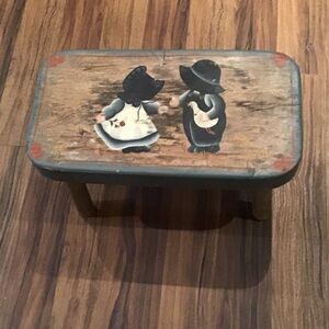 Hand-Painted Folk Art Wooden Stool with Children Motif - Blue